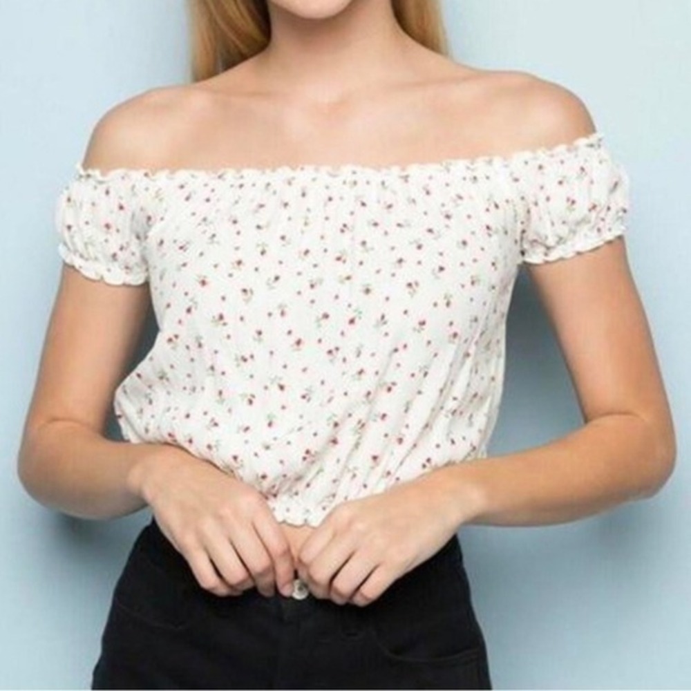 Brandy Melville White Floral Off Shoulder Coquette Top
